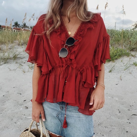 Shona Joy Red Ruffled Top - Picture 1 of 3